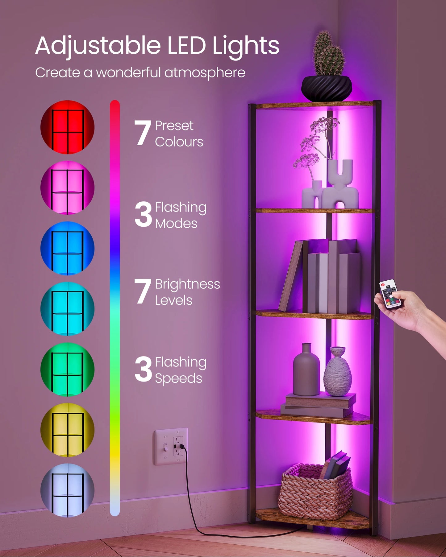 Adjustable LED lights with color options and control on a shelf.