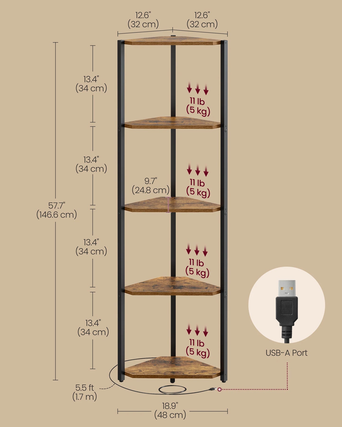 Corner shelf with dimensions and USB-A port feature on a beige background