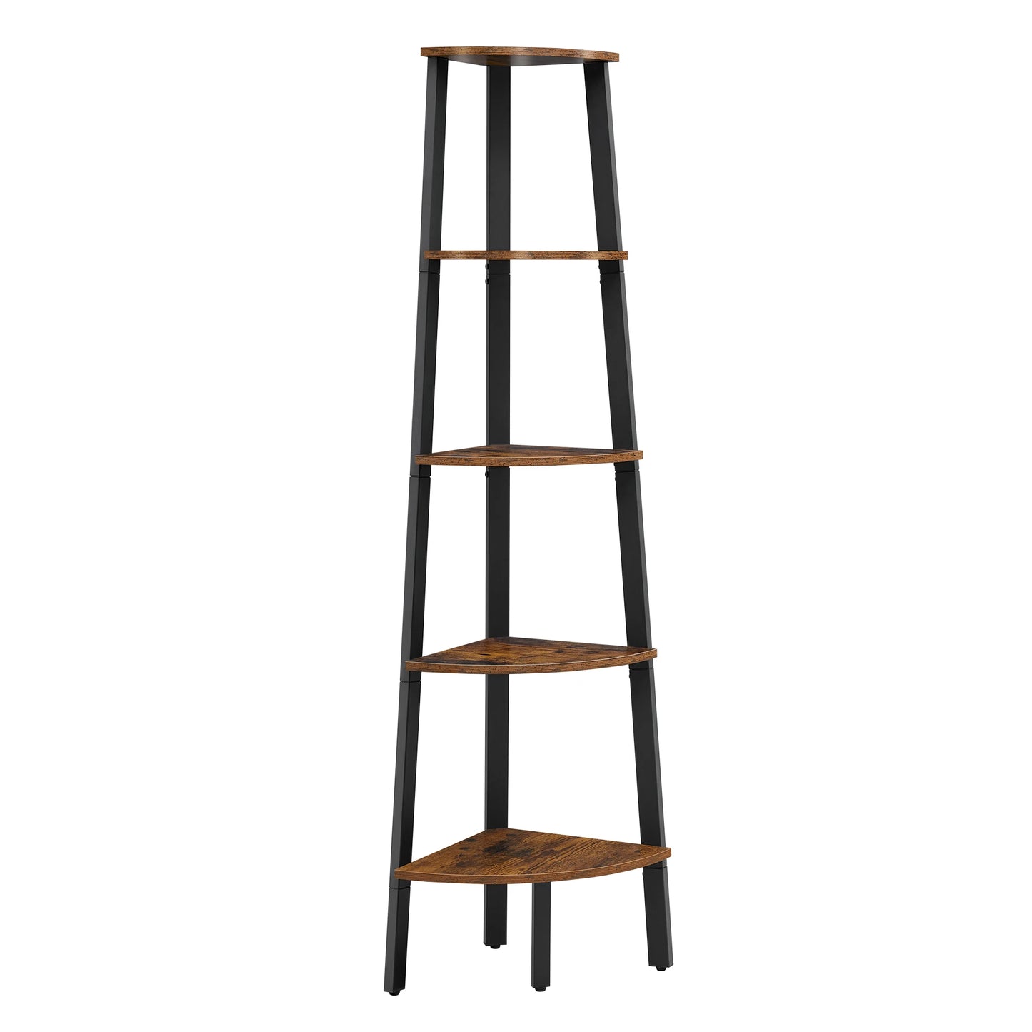 Corner shelf with wooden shelves and black metal legs on a white background