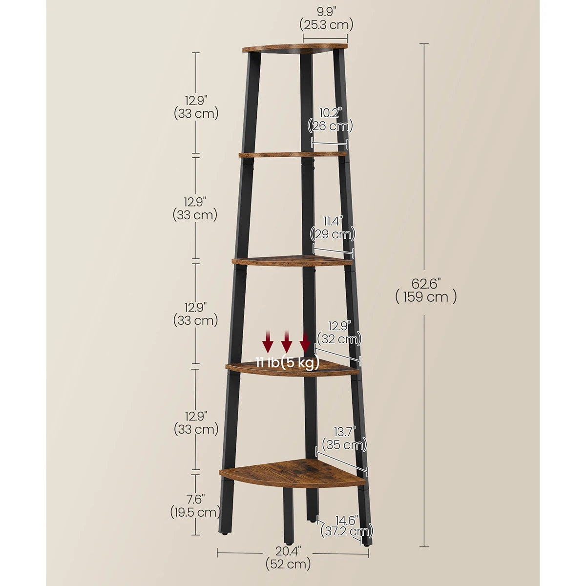Measurement chart of a wooden ladder shelf with dimensions on a beige background