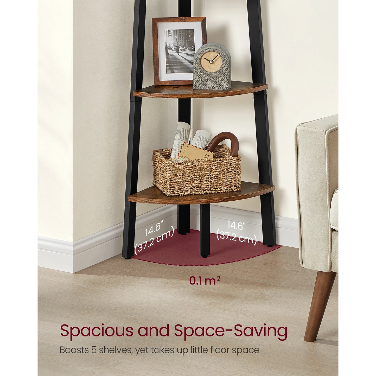 Corner shelf with three shelves, decorative items, and measurements on a light wood floor.