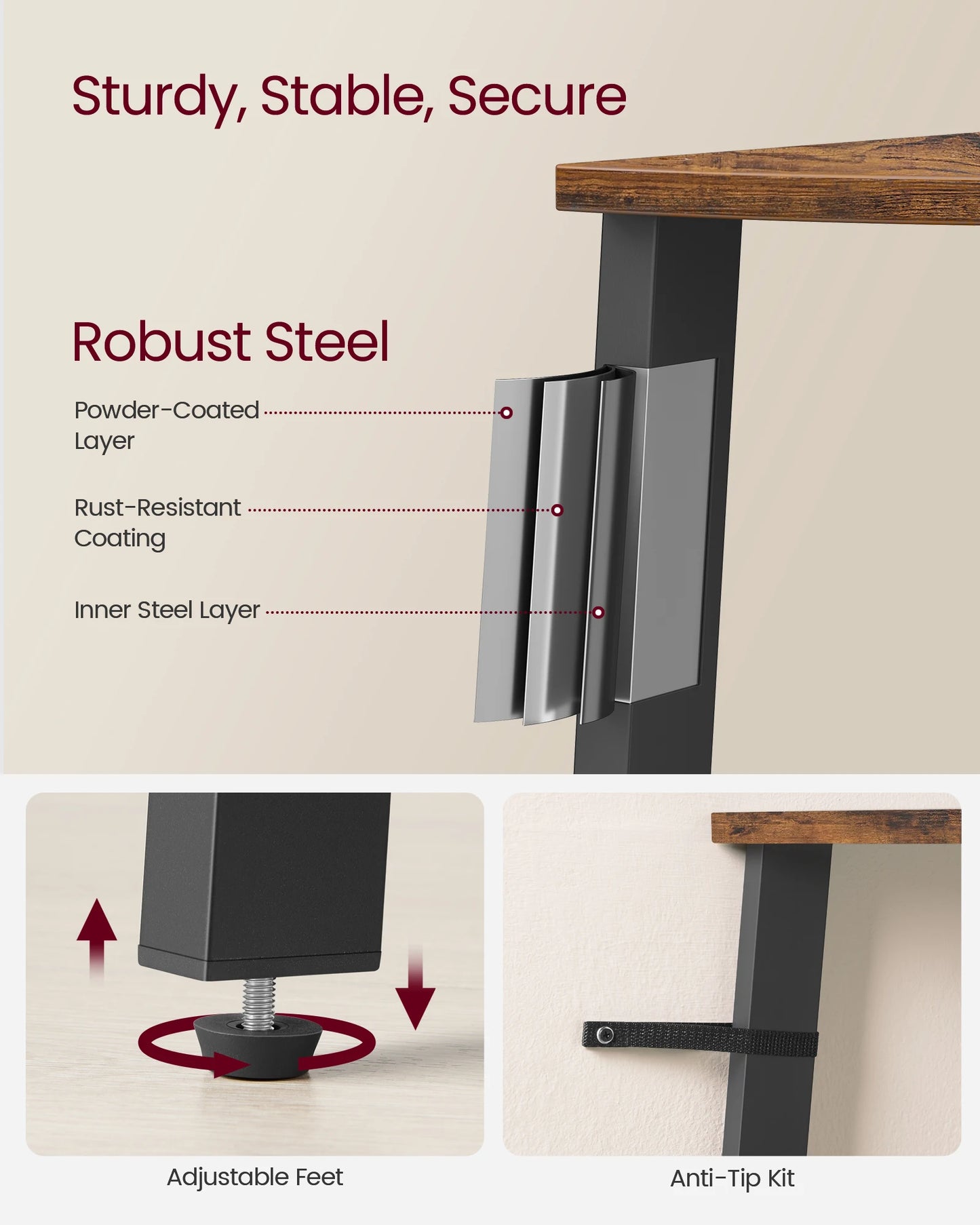 Robust steel leg with features highlighted on a beige background