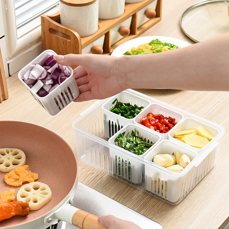 Person preparing food with a container holding chopped vegetables on a kitchen counter.