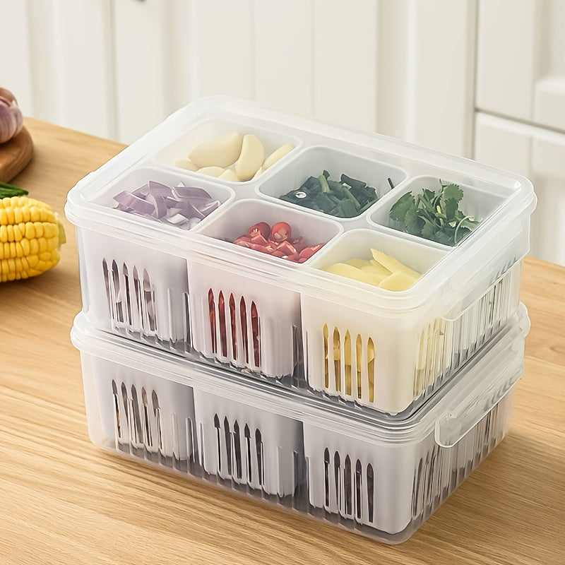 Stackable plastic food storage containers with compartments on a wooden surface.