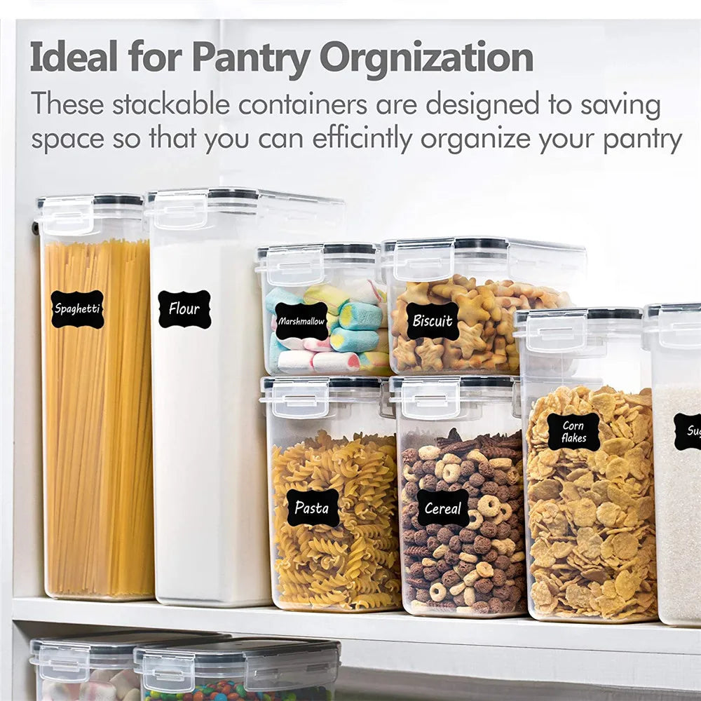 Stackable food storage containers labeled with pantry items on a white background