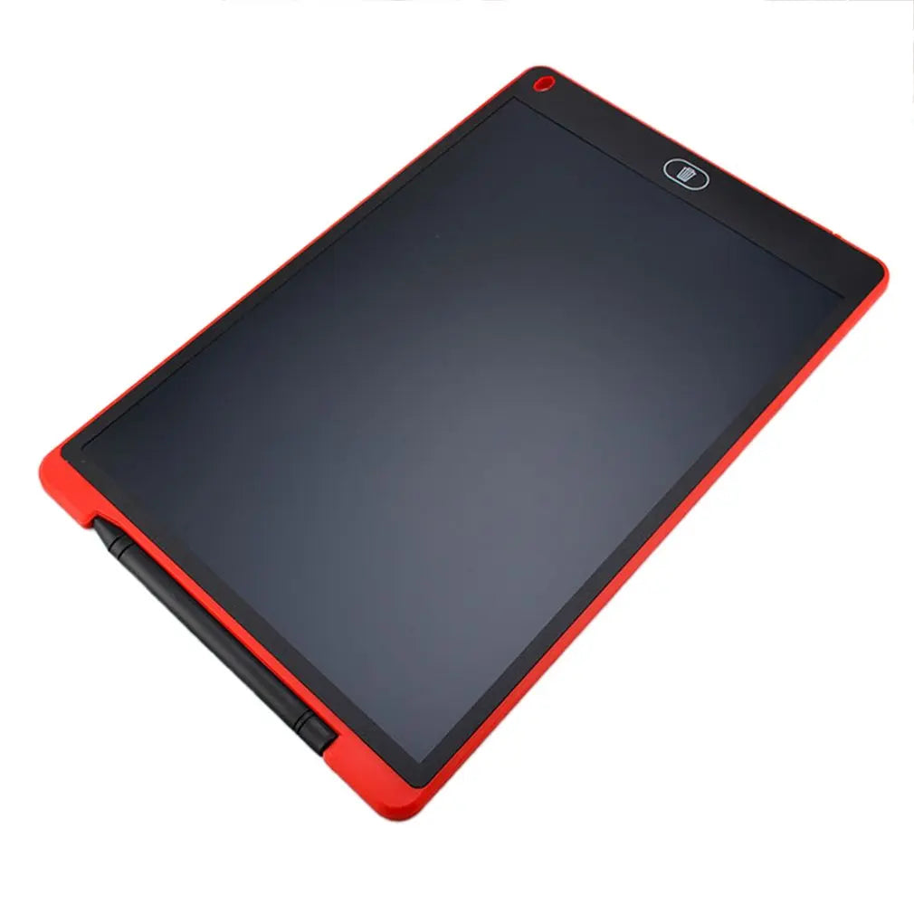Black electronic writing pad with red border on a white background