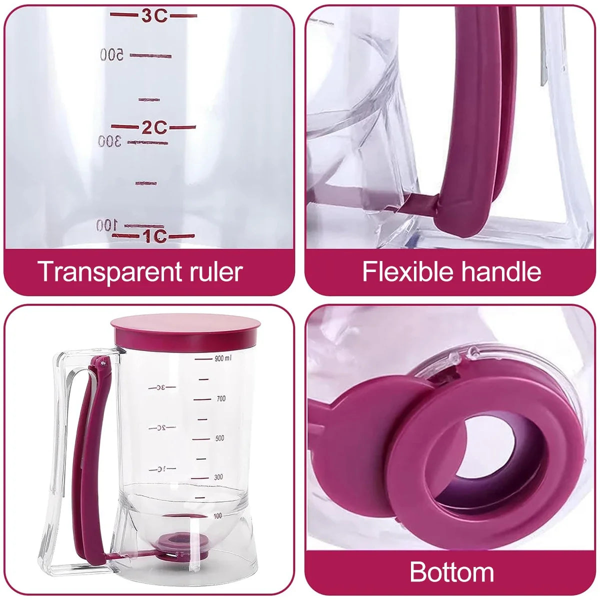 Transparent measuring cup with pink handle and bottom, showing features like transparent ruler, flexible handle, and bottom design.
