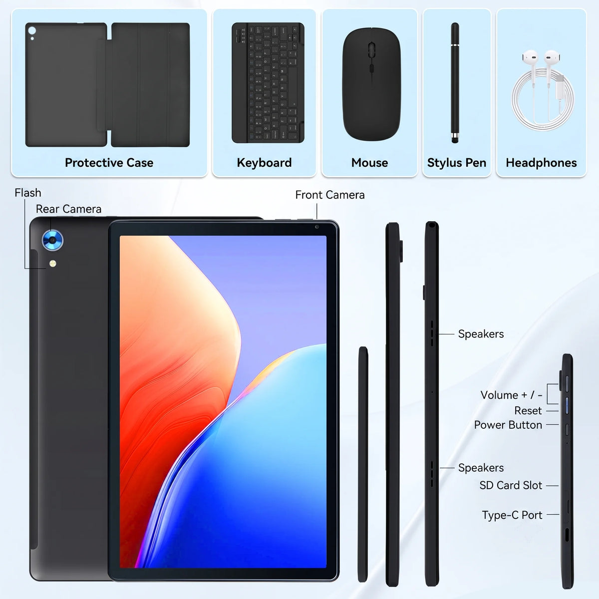 10.1 Inch Android 16 Tablet 128GB 30GB Set Keyboard Mouse Stylus Bundle Black
