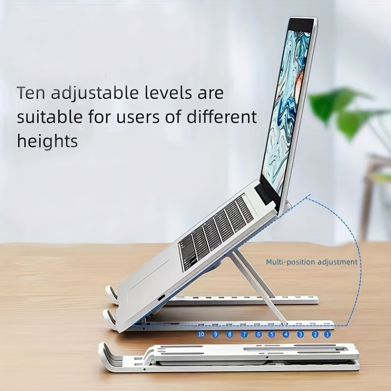 Laptop on an adjustable stand with text indicating adjustable levels for users of different heights.