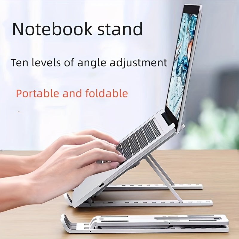 Notebook stand with adjustable angles on a desk, showing a laptop being used.