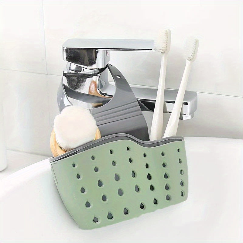Bathroom organizer with soap, brush, and other items on a white surface.