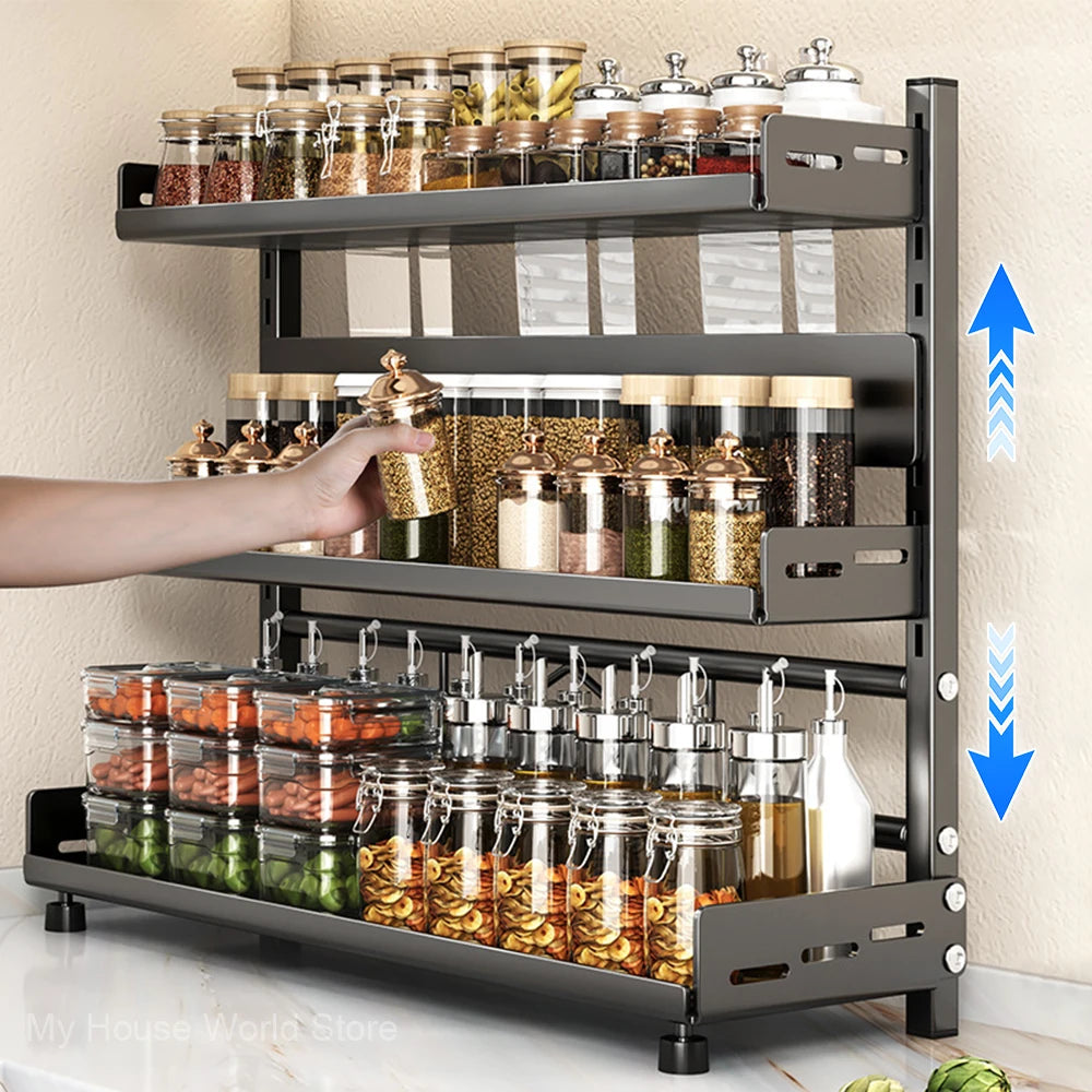 Spice rack with various jars filled with spices and a hand reaching for a jar.