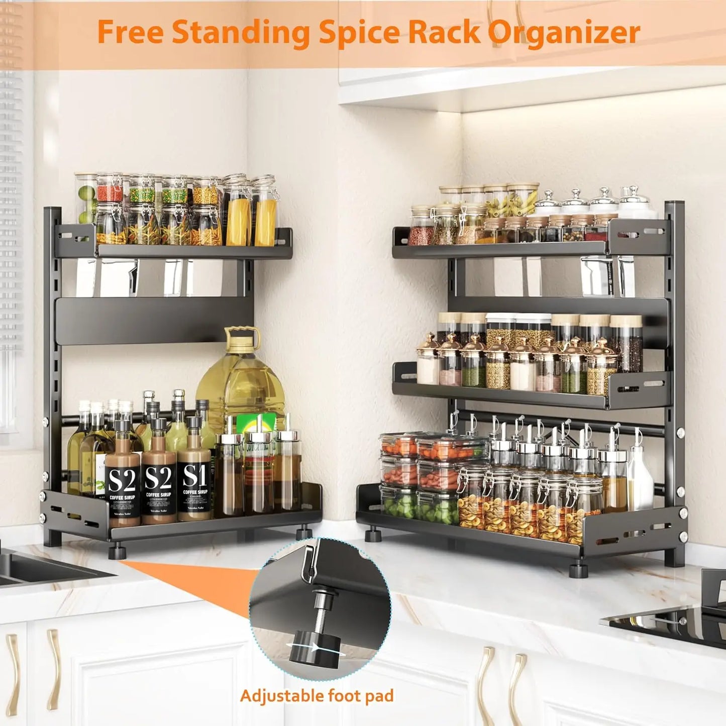 Free standing spice rack organizer with adjustable foot pad in a kitchen setting.