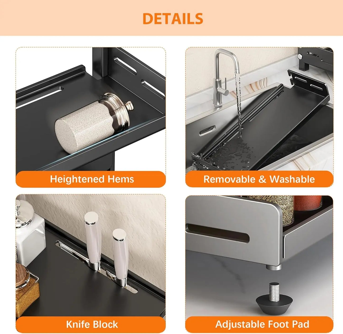 Collage of kitchen sink accessories with features highlighted.