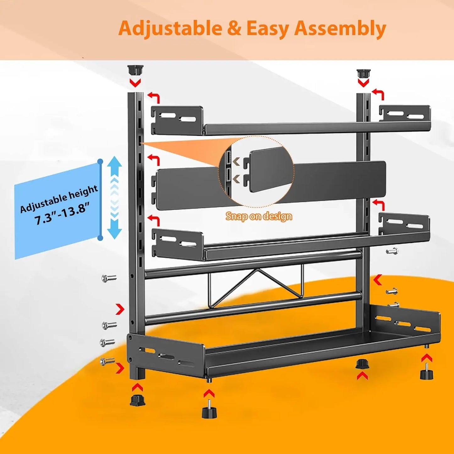 Adjustable spice kitchen stand with assembly instructions on a white background