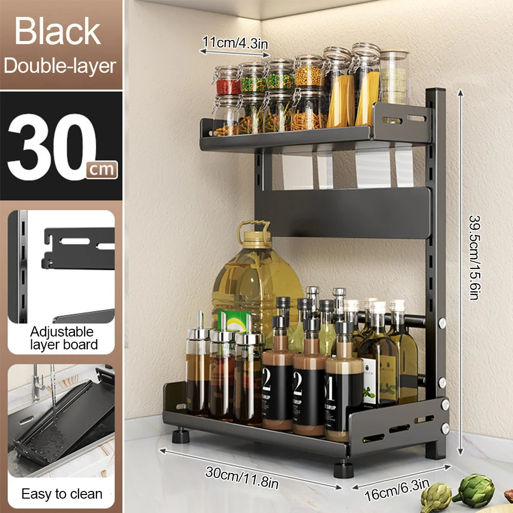 Black double-layer kitchen shelf with jars and bottles, showing dimensions and features.