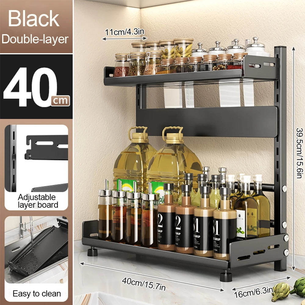 Black double-layer kitchen shelf with spices and oils, showing dimensions and features.