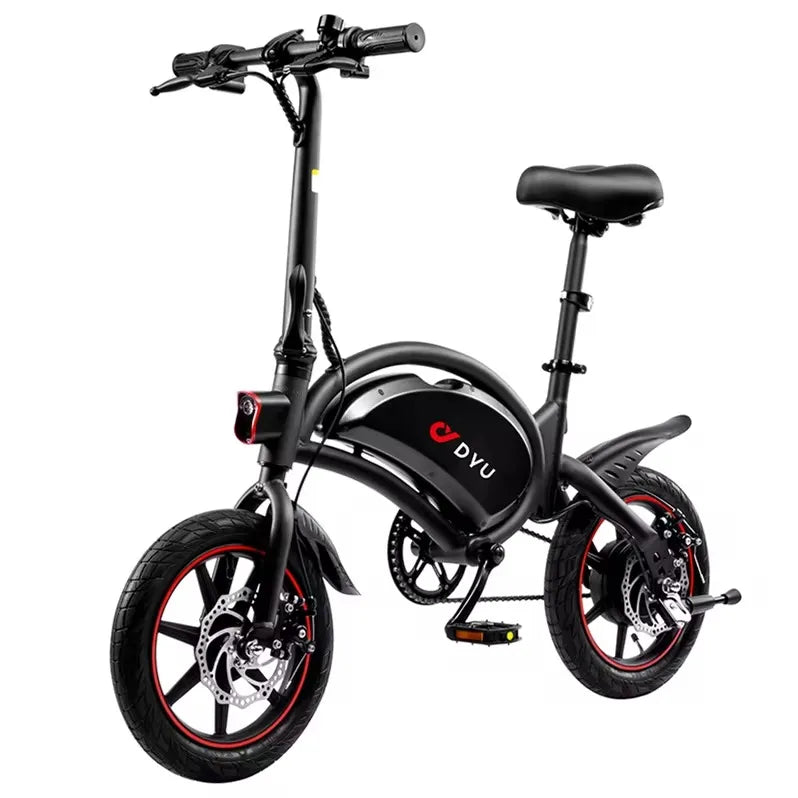Black electric bike with red accents on a white background, featuring the DYU brand.