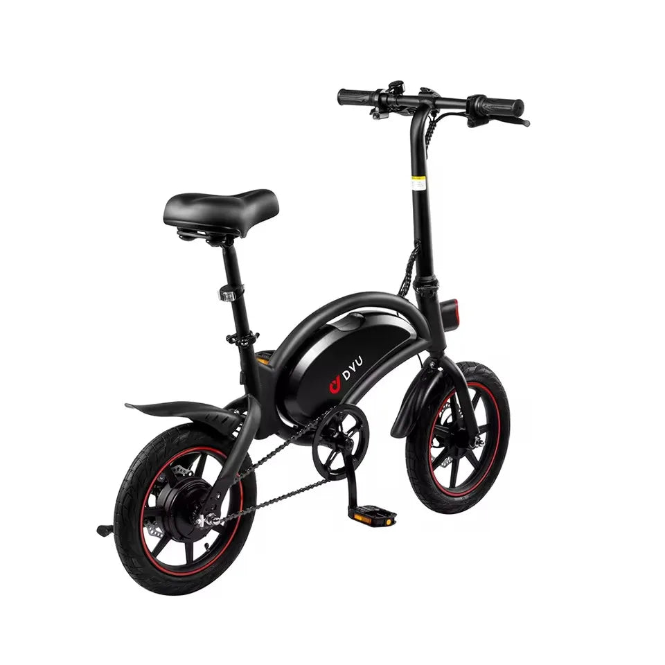 Black electric bike with red rims on a white background