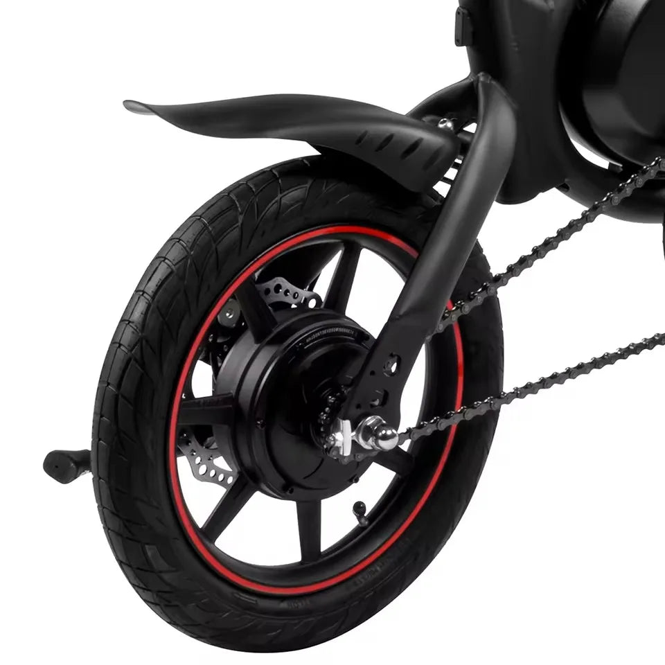 Close-up of a motorcycle wheel with a black tire and red rim on a white background