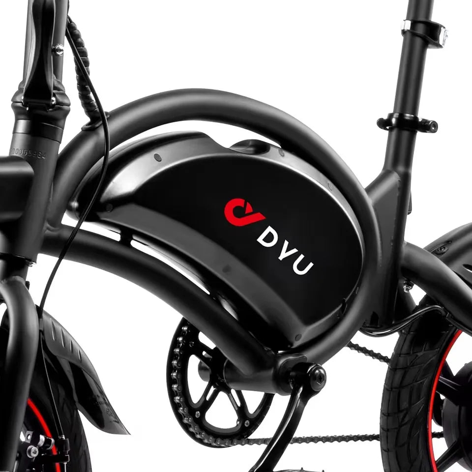 Black electric bike with 'DVU' branding on a white background