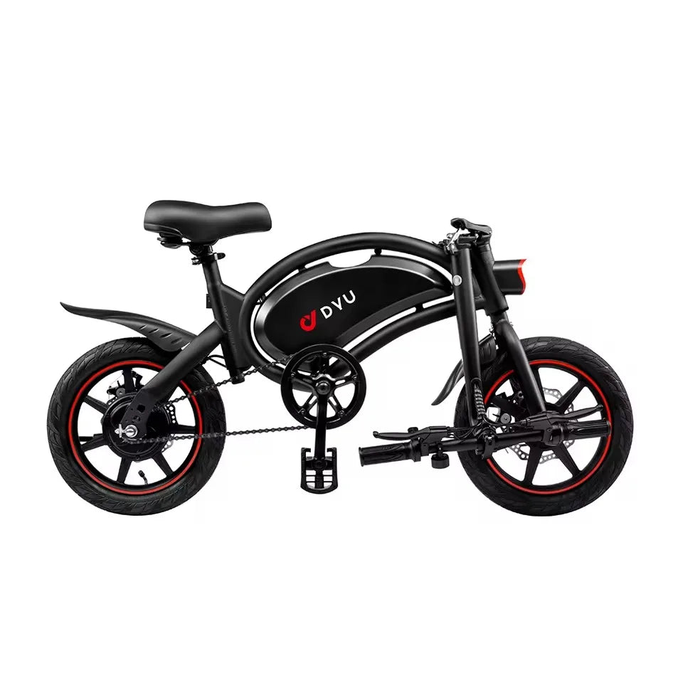 Black electric bike with red accents on a white background, featuring the DYU brand.