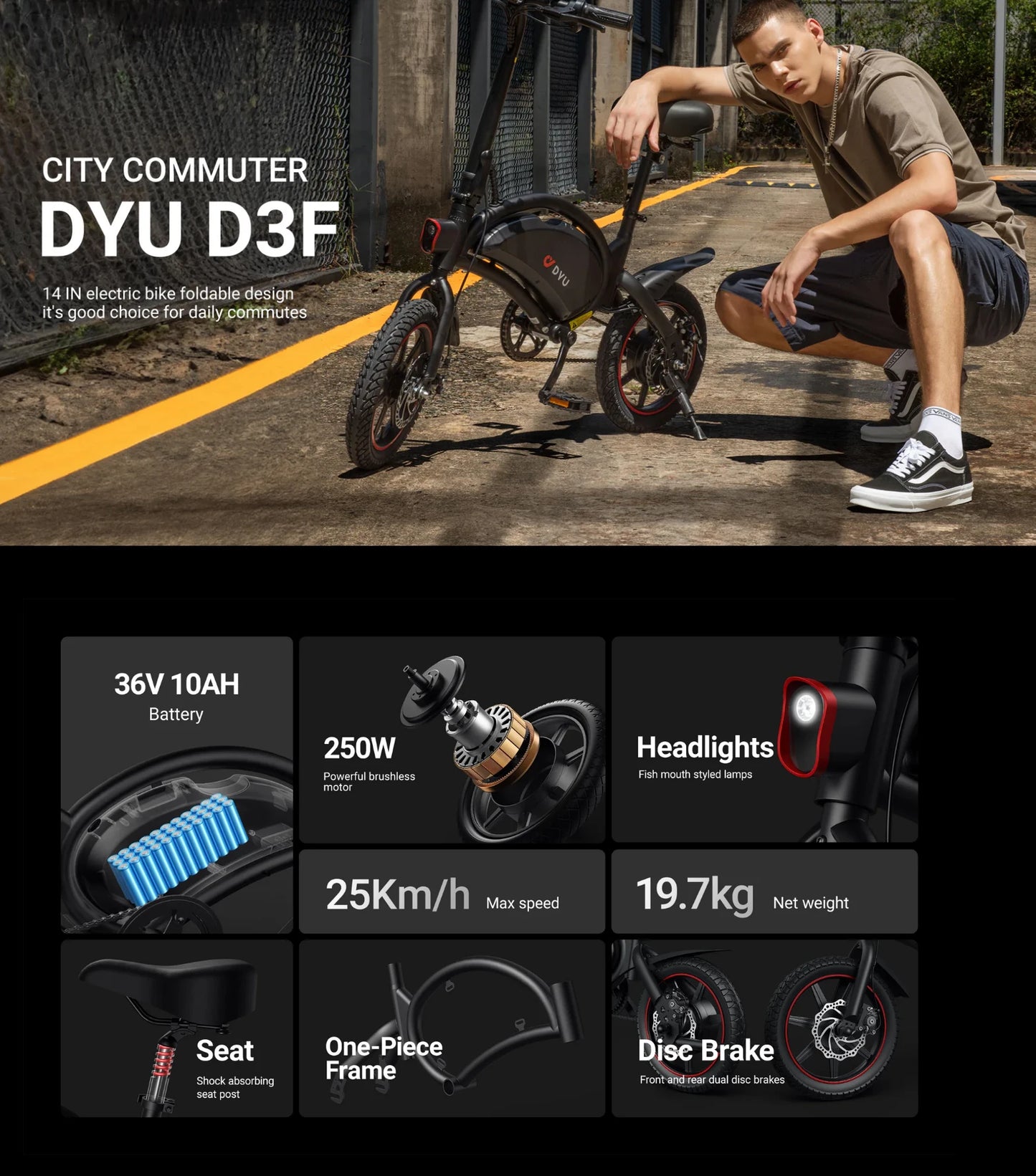 DYU D3F electric bike with features listed on a black background