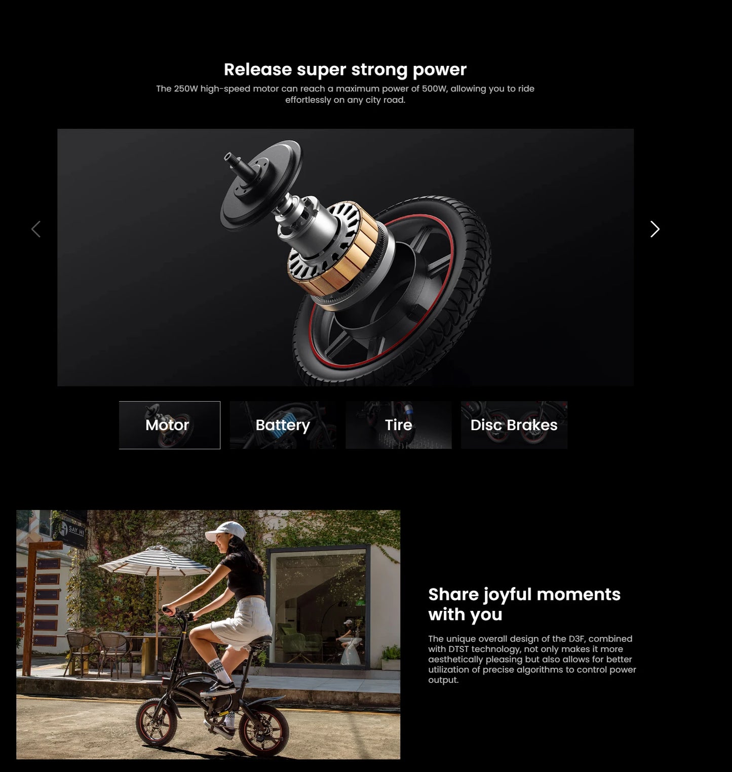 Electric bike components with text on a black background