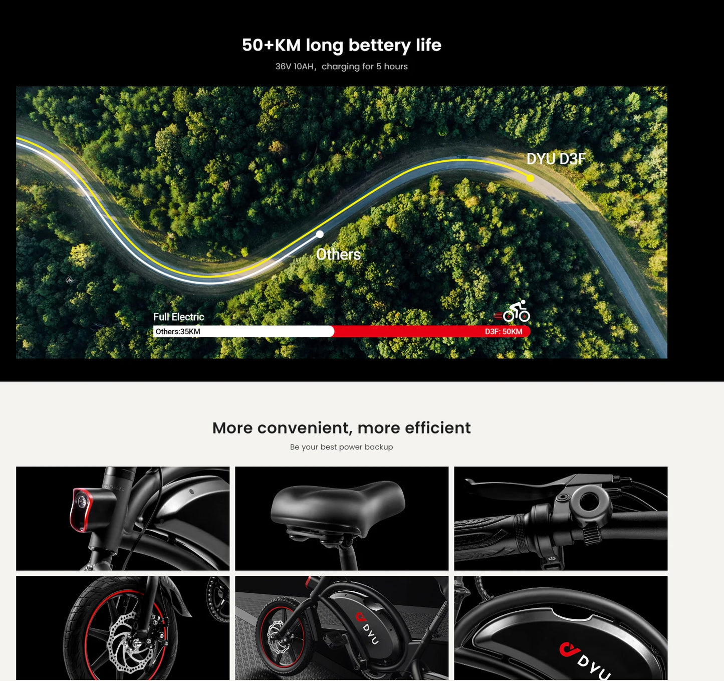 Electric bike features with a scenic road background and battery life display.