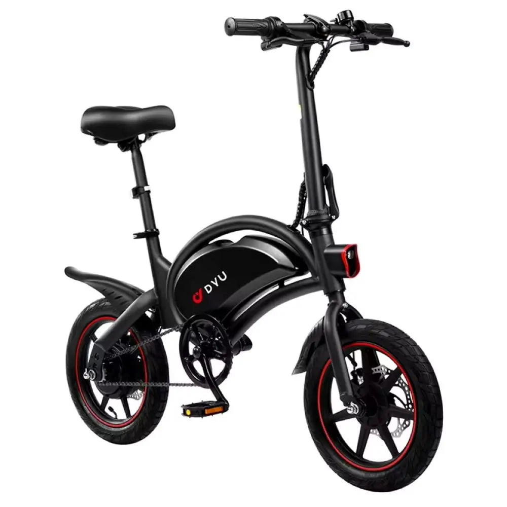 Black electric bike with red accents on a white background