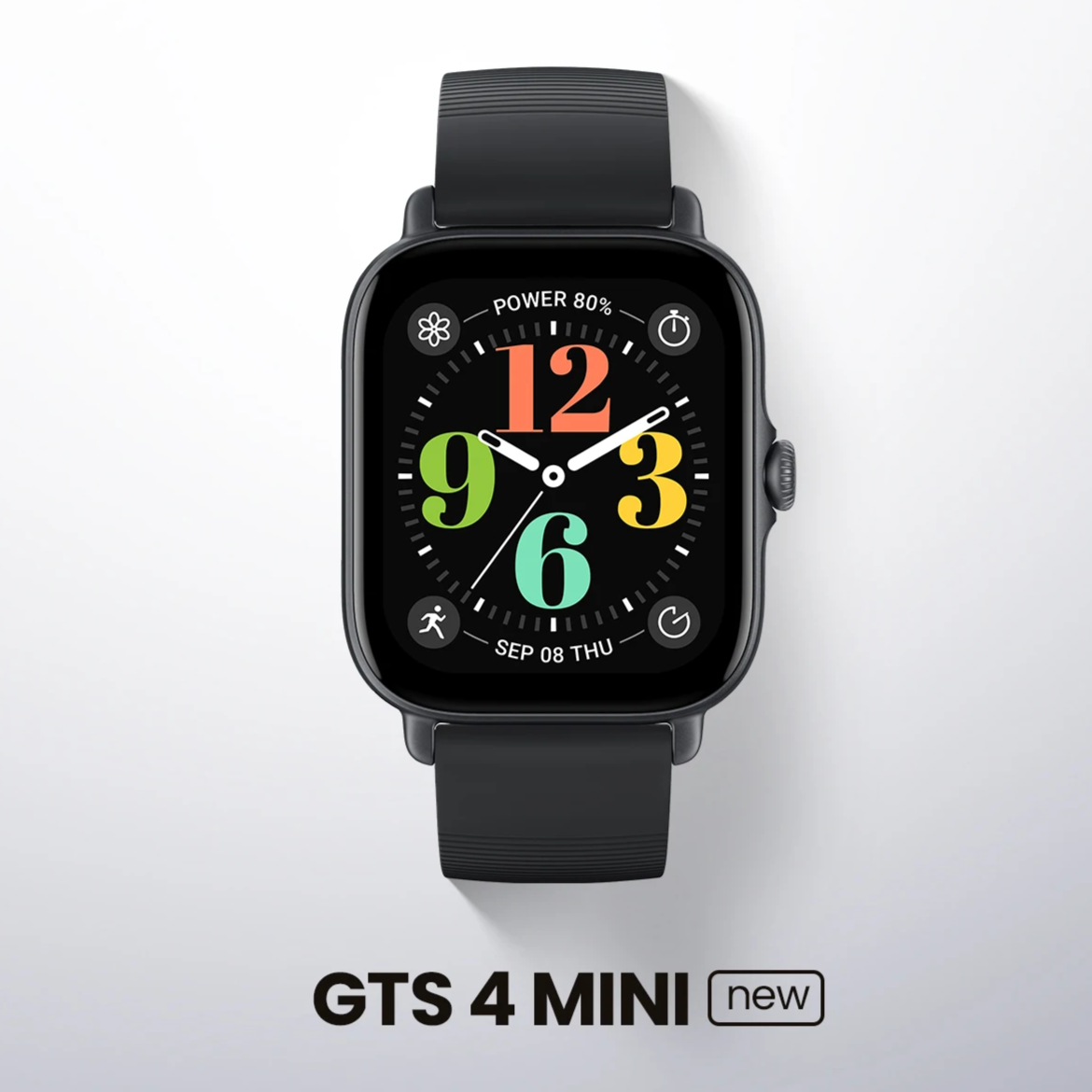 Black smartwatch with colorful display on a white background, labeled 'GTS 4 MINI new'.