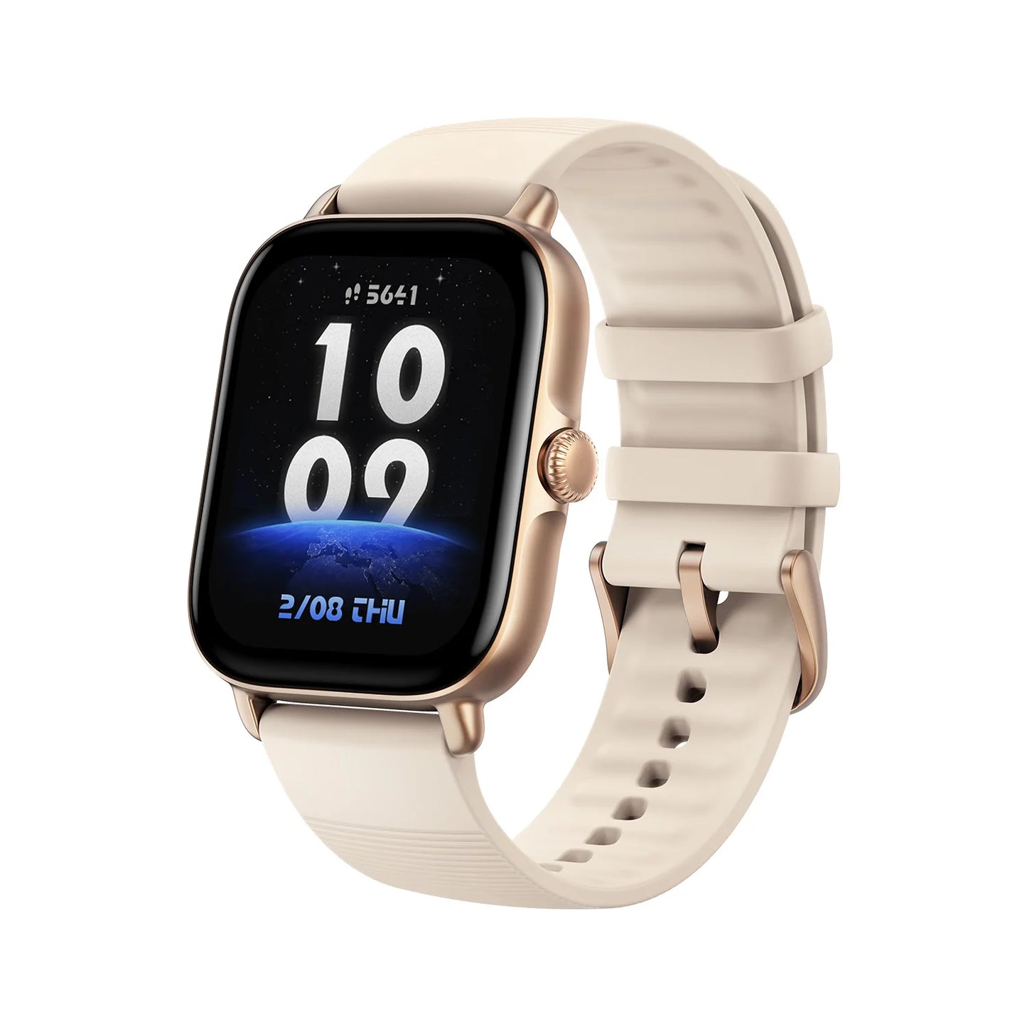 Smartwatch with a beige strap on a white background