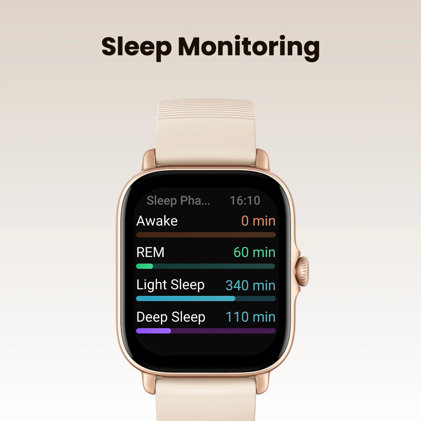 Smartwatch displaying sleep monitoring data on a beige background