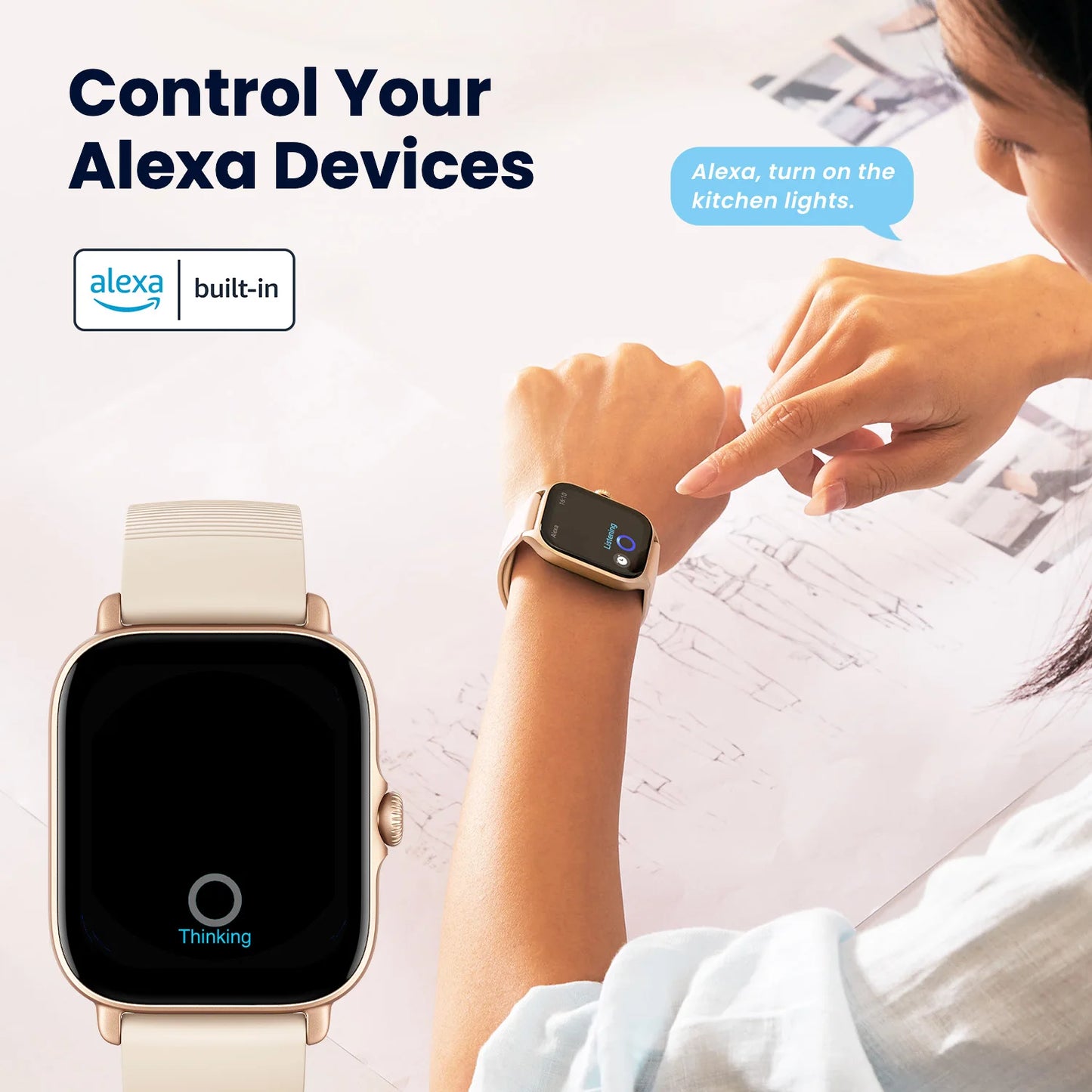 Smartwatch with Alexa built-in being used to control kitchen lights.