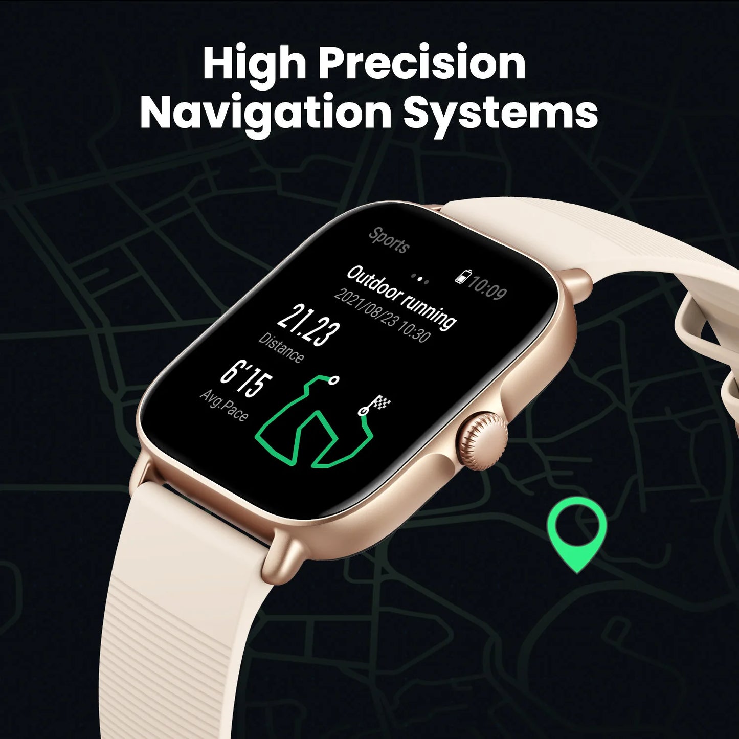 Smartwatch with a map background and 'High Precision Navigation Systems' text