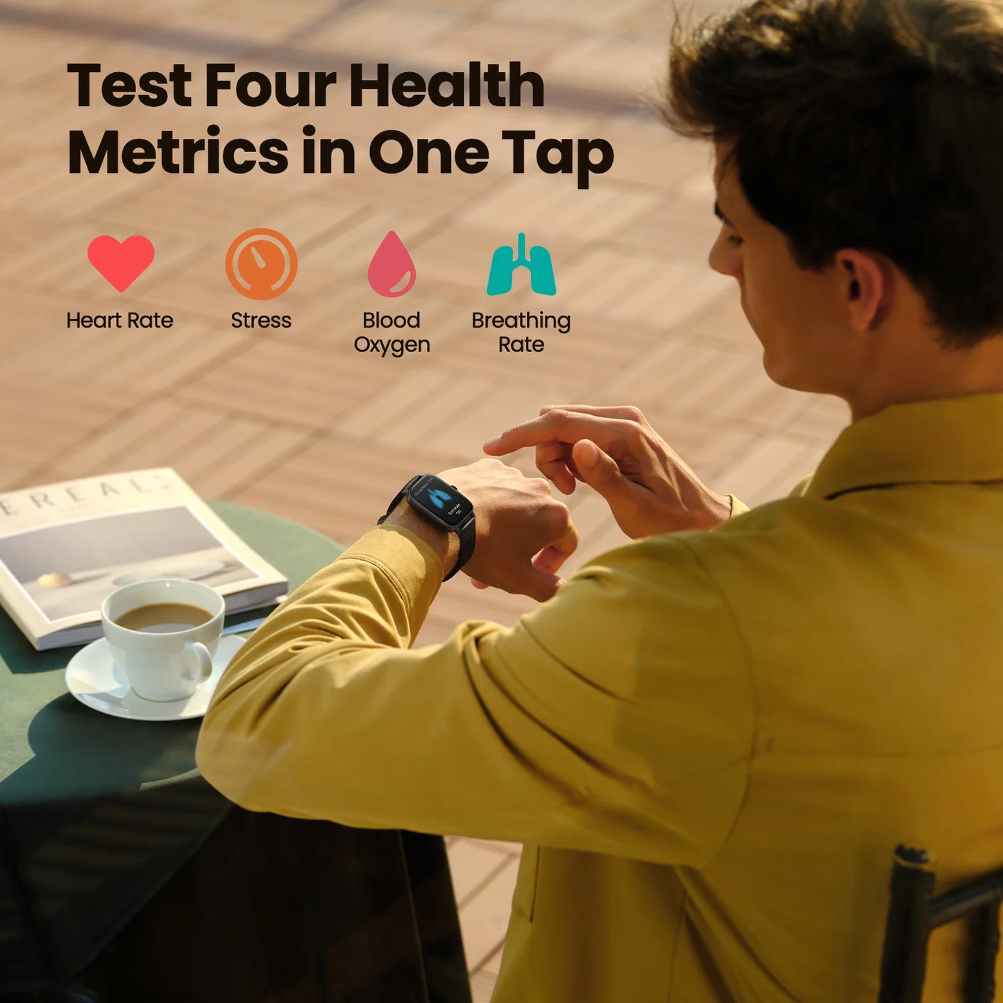 Person using a smartwatch with health metrics displayed, sitting at a table with a cup of coffee and book.