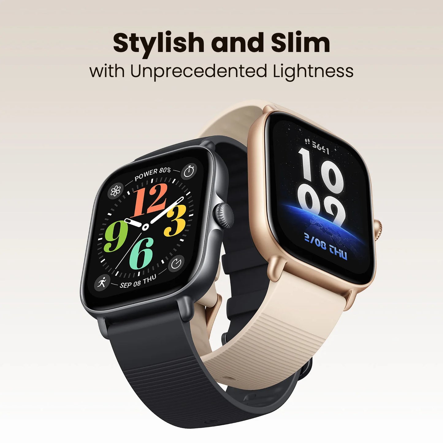 Two smartwatches, one black and one gold, on a light background with text 'Stylish and Slim with Unprecedented Lightness'.
