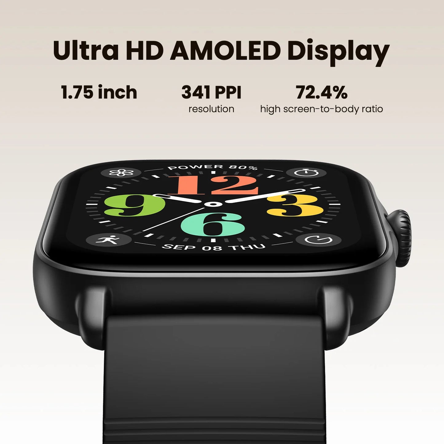 Smartwatch with Ultra HD AMOLED display specifications on a beige background