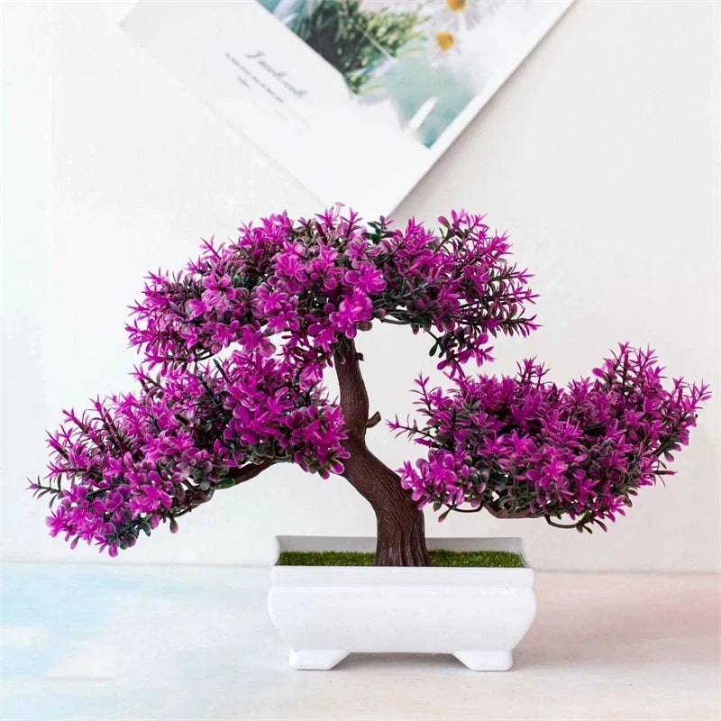 Potted bonsai tree with purple foliage on a light background