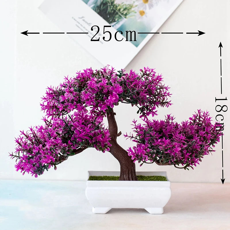 Artificial bonsai tree with purple flowers and measurements on a white background