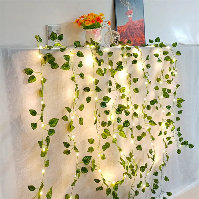 Decorative string lights with green leaves on a white wall