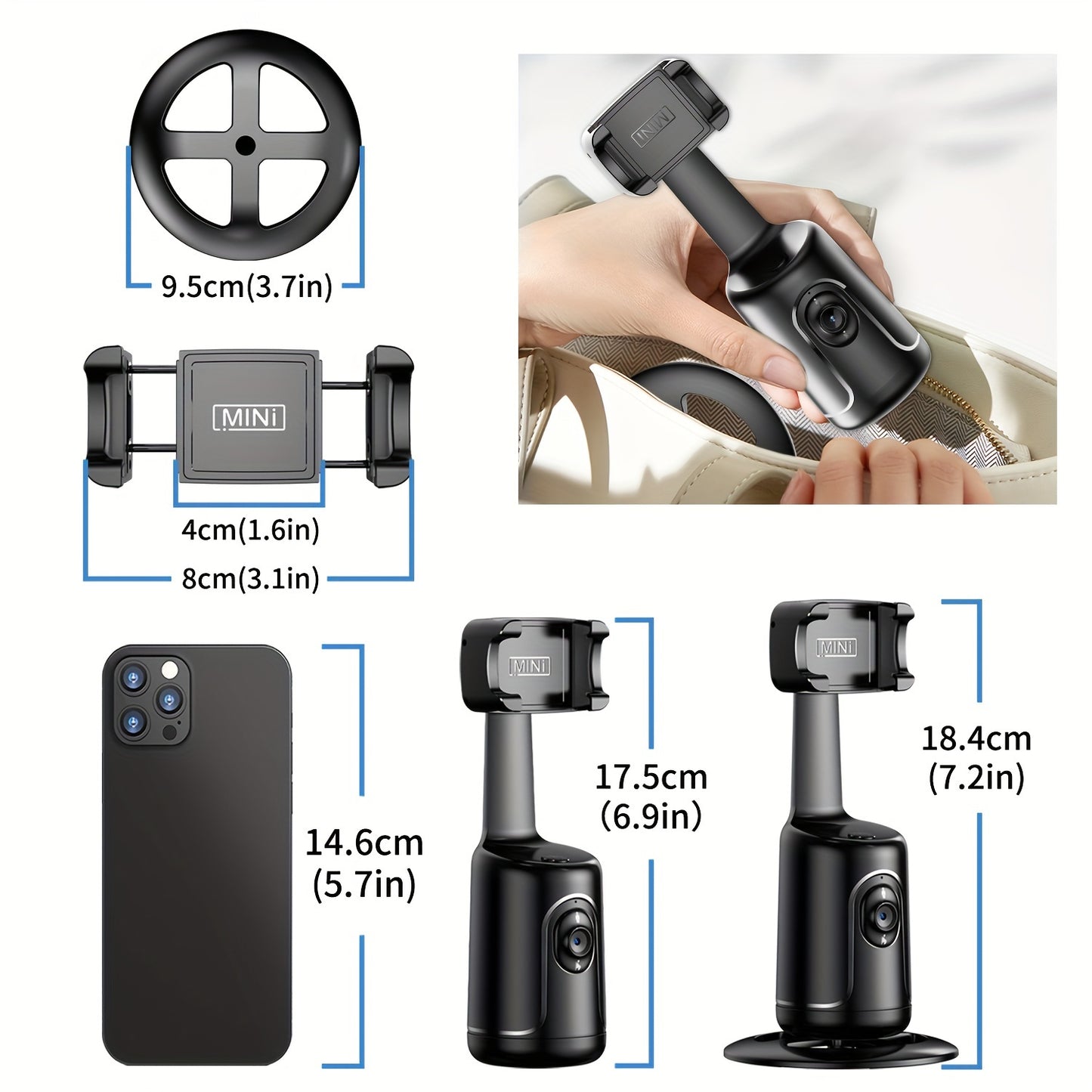 Black handheld vacuum cleaner with dimensions and a person using it.
