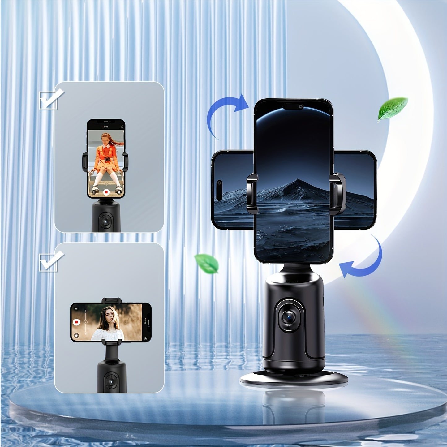 Phone holder with multiple smartphone screens displaying different scenes on a blue and white background