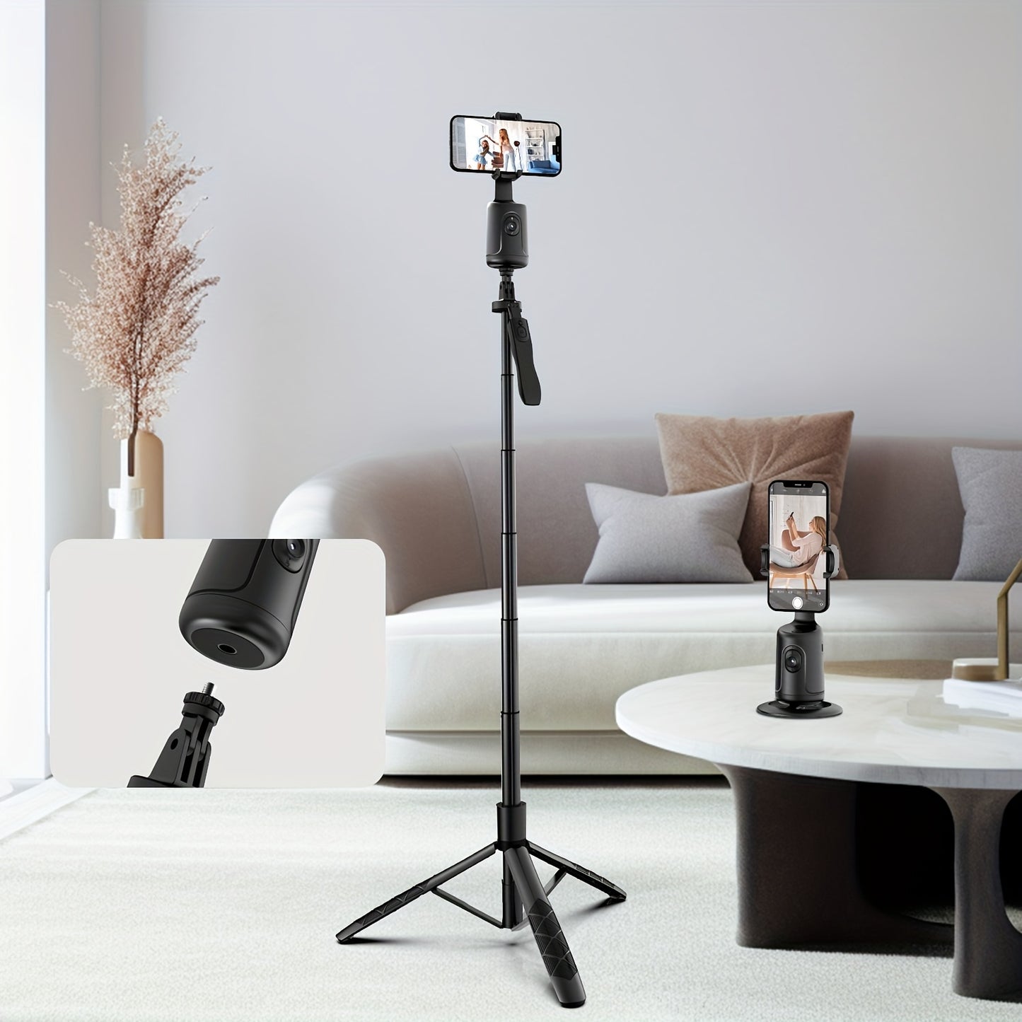 Smartphone mounted on a tripod in a living room setting
