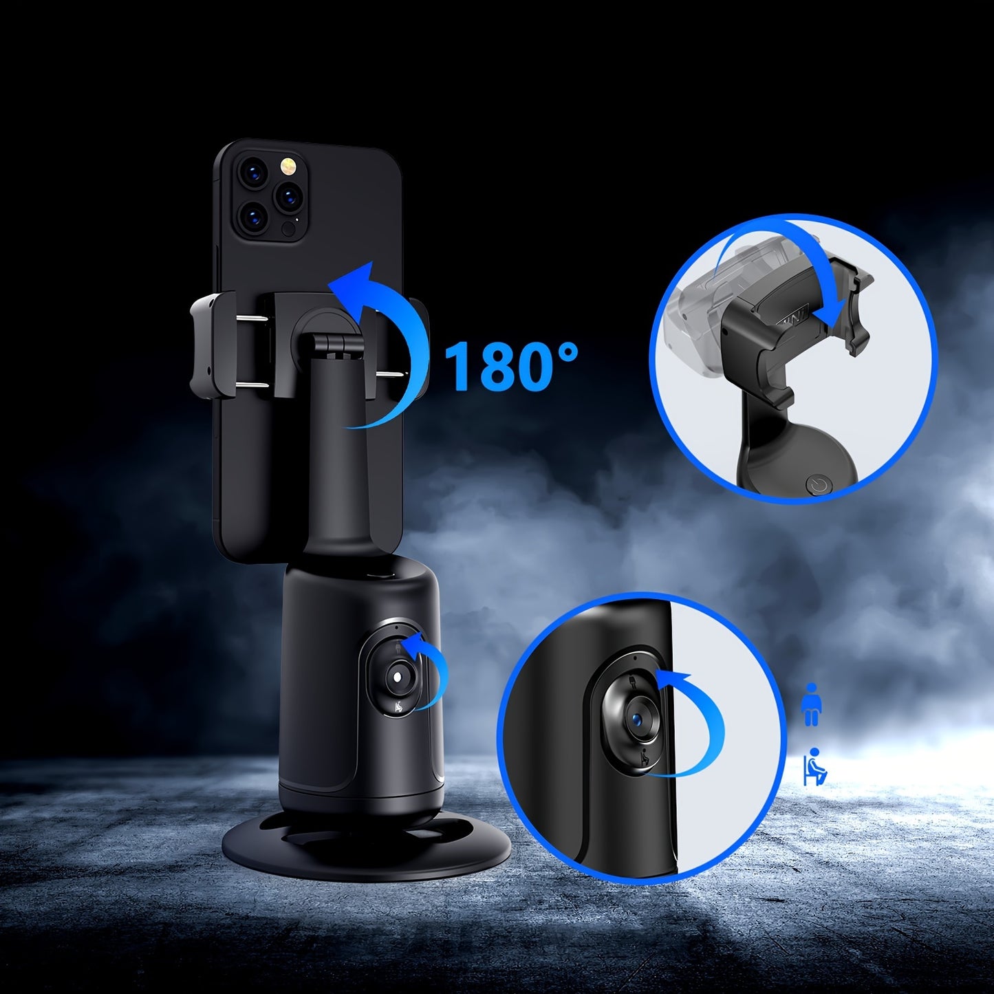 Black smartphone holder with adjustable arm on a dark background