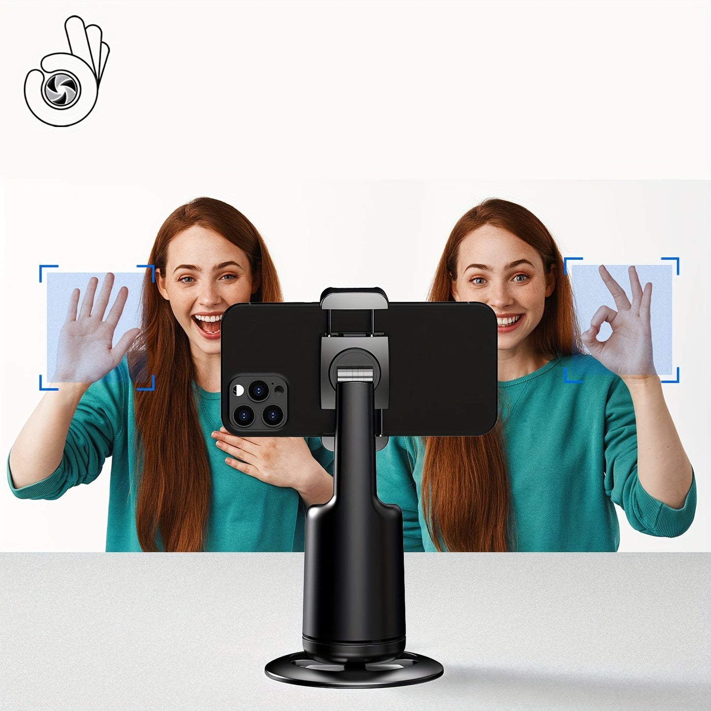 Woman holding a smartphone with a phone holder, with a reflection of herself on a white background.