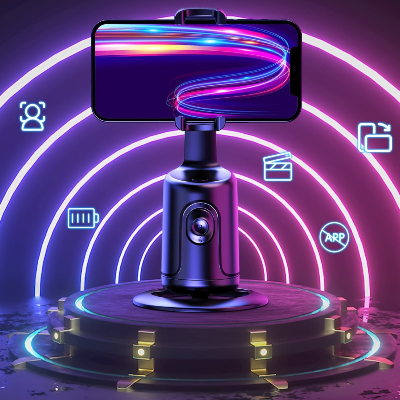 Phone holder with neon lights and icons on a dark background