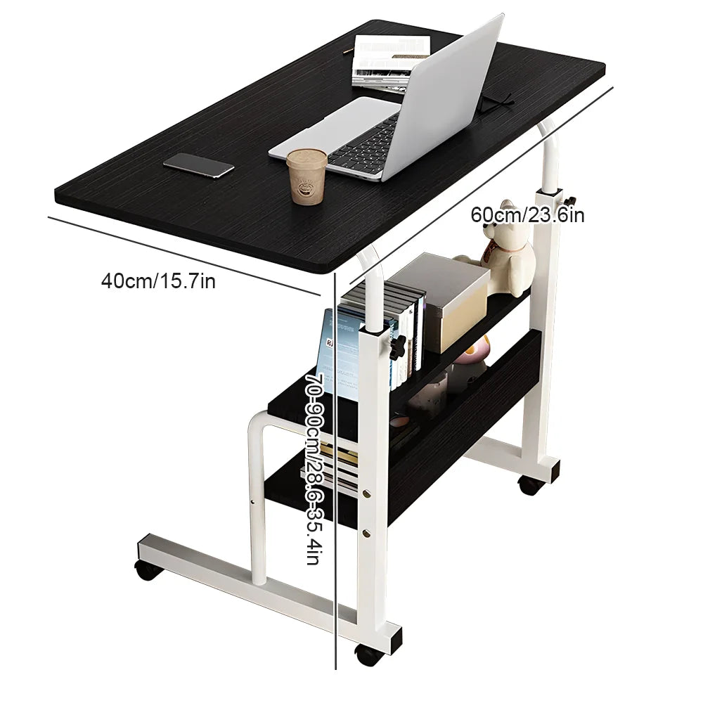 Black computer desk with measurements on a white background