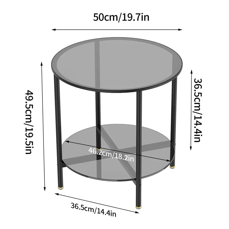 Round glass table with dimensions labeled on a white background