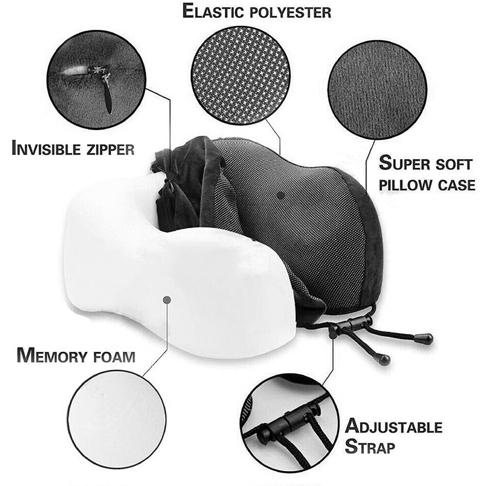 White travel pillow with labeled components on a white background